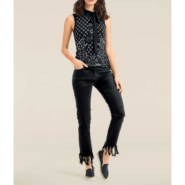 Designer-Röhrenjeans m. Fransen, schwarz