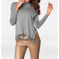 Turtelneck with fringes, grey blend