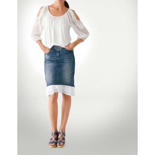Denim skirt with flounces, blue-white