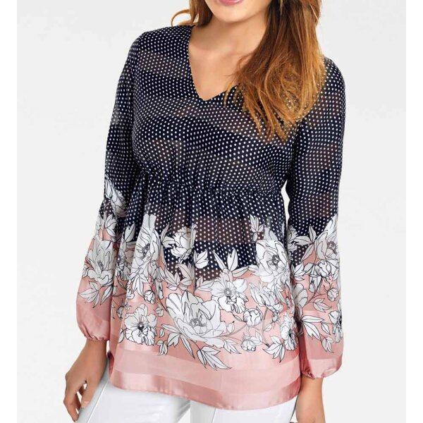 Druckbluse, schwarz-ecru-rosé