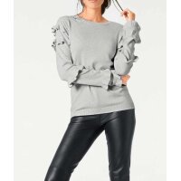 Designer-Pullover m. Rüschen, grau-melange