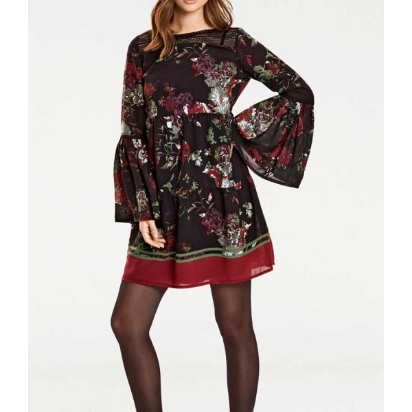 Volant-Druckkleid, braun-rot-bunt