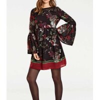 Volant-Druckkleid, braun-rot-bunt