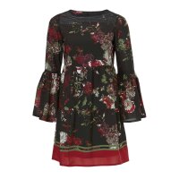 Volant-Druckkleid, braun-rot-bunt