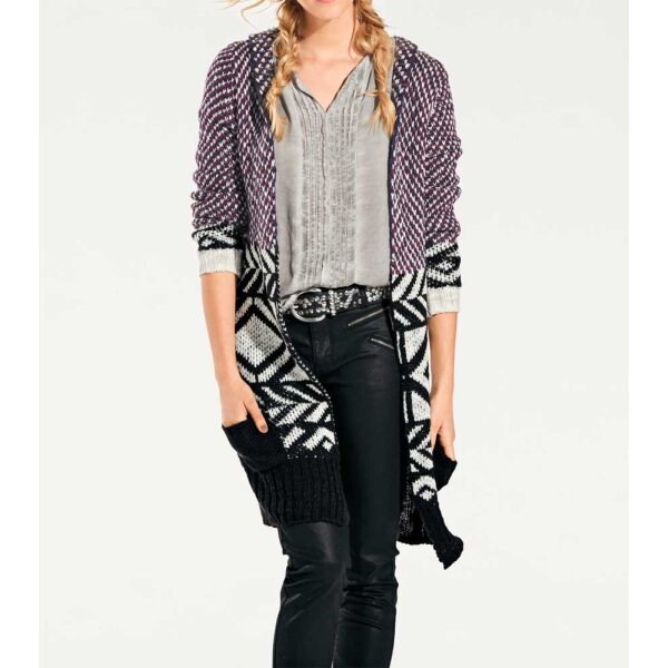 Long cardigan with hood, fuchsia-multicolour