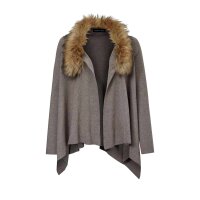 Cardigan with fur imitation collar, taupe