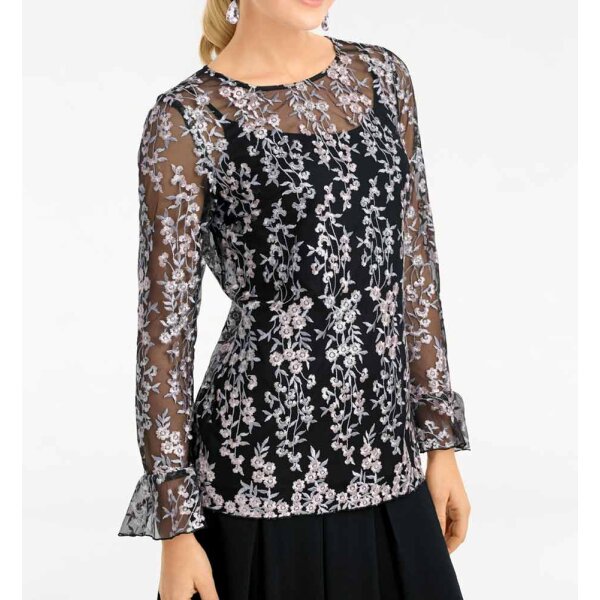 Embroidered blouse and top, black-multicolour