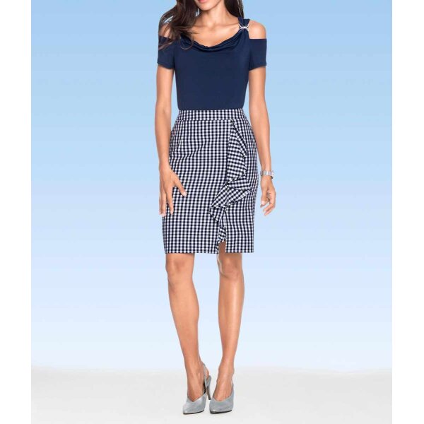 Pencil skirt with flounces, blue-white