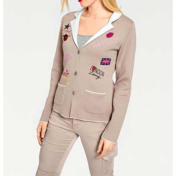 Cardigan with patches, taupe-ecru
