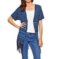 Druckstrickjacke m. Fransen, blau-bunt