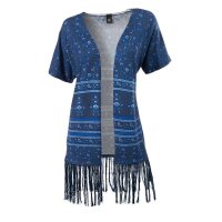 Druckstrickjacke m. Fransen, blau-bunt