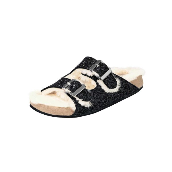Pantolette m. Webpelz, schwarz
