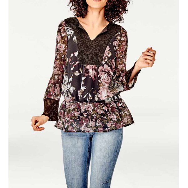 Designer-Druckbluse mit Spitze, braun-rosé