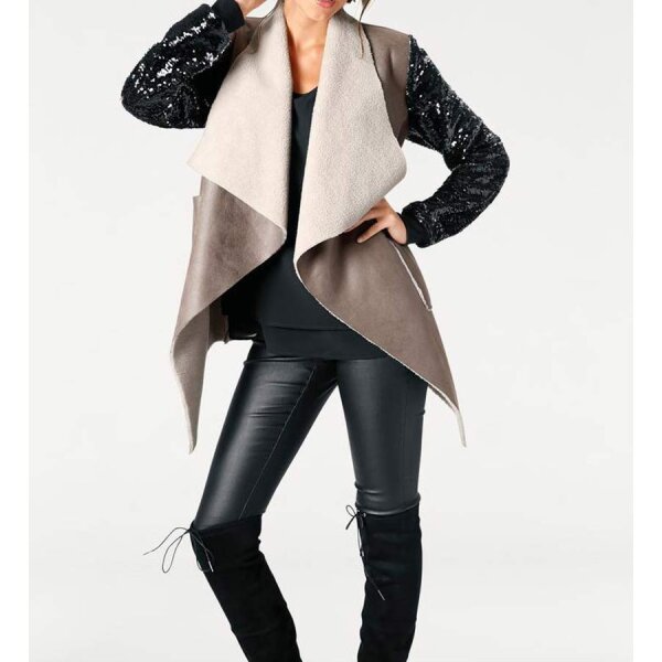 Designer-Lederimitatjacke, taupe-schwarz
