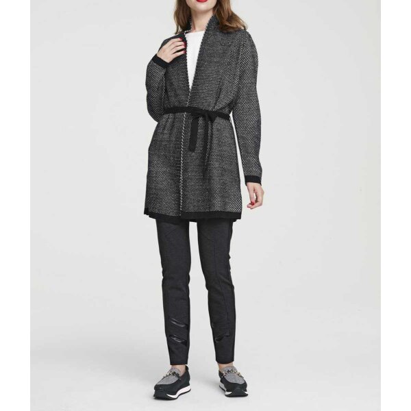 Longstrickjacke m. Gürtel, schwarz-offwhite
