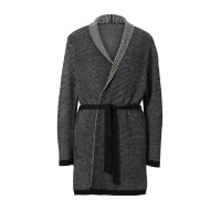 Longstrickjacke m. Gürtel, schwarz-offwhite