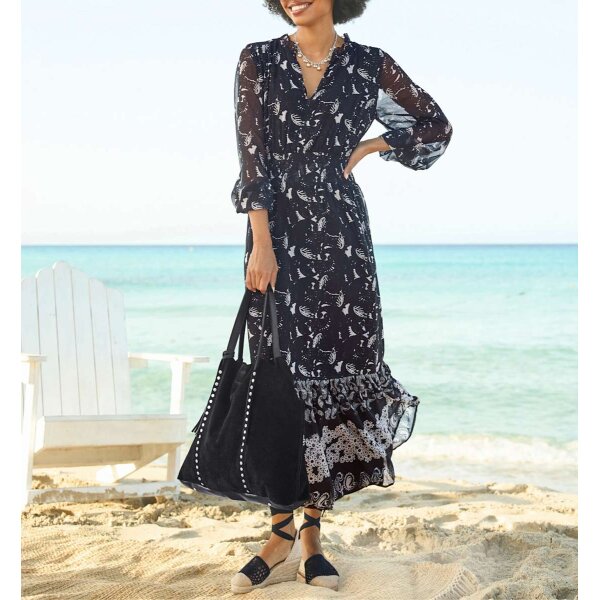 Chiffonkleid mit Smokeinsatz, schwarz-champagner