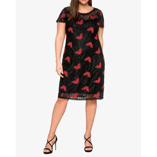 Spitzenkleid m. Stickerei, schwarz-rot