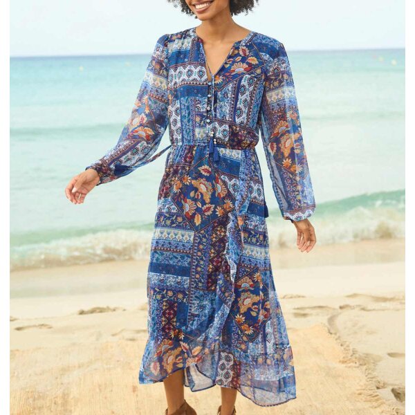 Wickel-Chiffonkleid m. Volants, marine-ocker
