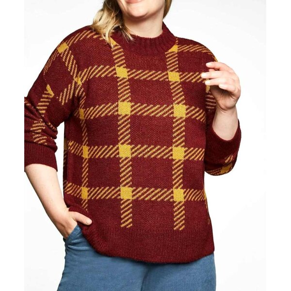 Sweter ze stójką i wzorem w kratkę, bordowy