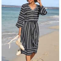 Print dress with flounces, black-ecru