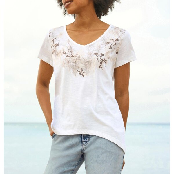 Shirt m. Blumenprint u. Ziersteinchen, ecru