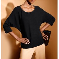Fledermausärmel-Pullover m. Zierperlen, schwarz