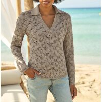 Ajourpullover m. Polokragen, sesam