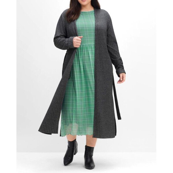 Knit coat with ribbed structure and tie belt, smoke grey