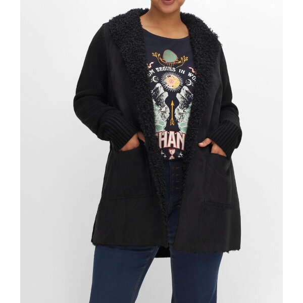 Longstrickjacke mit Kragen in Felloptik, schwarz