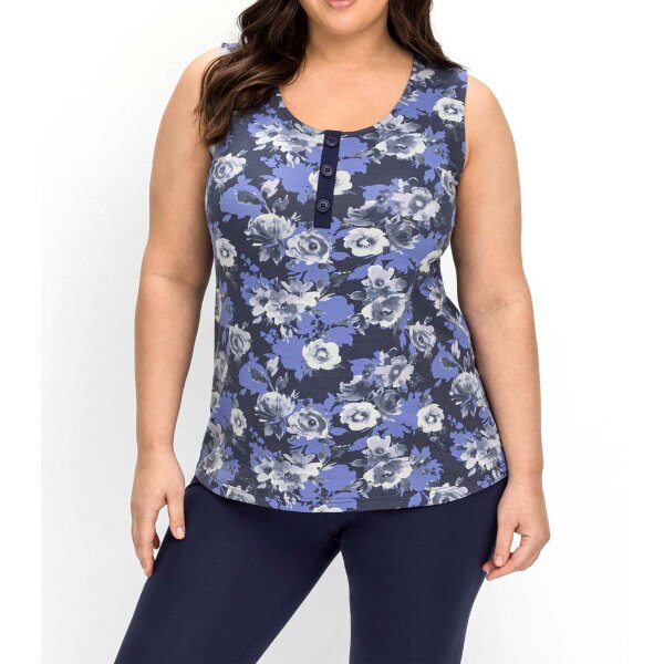 Jersey top with floral print and button border, navy