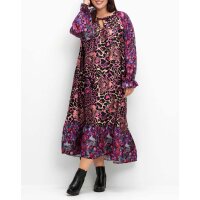 Maxi satin dress with flounces, black/ multicolour