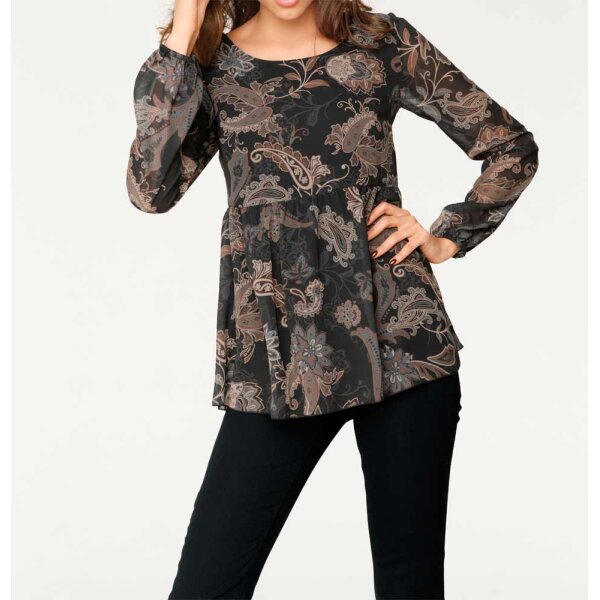 Chiffon-Druckbluse, schwarz-camel