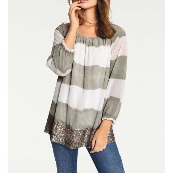 Chiffonbluse, khaki-weiß