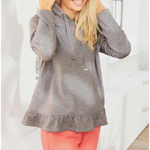 Designer hooded sweater with ruffles, gre