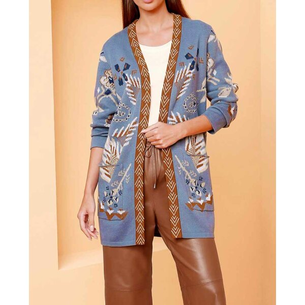 Designer-Jacquard-Strickjacke, blau-bunt