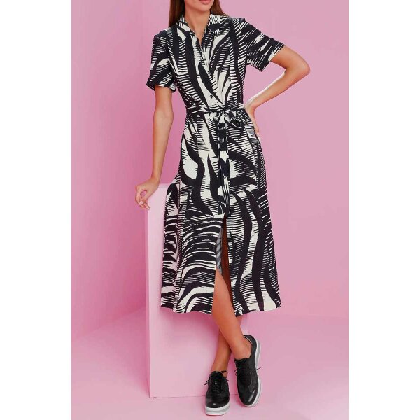 Designer-Kleid m. Gürtel, schwarz-ecru