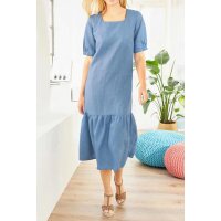Designer-Volantkleid m. Leinen, jeansblau