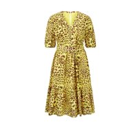 Designer-Druckkleid m. Gürtel, limone-braun