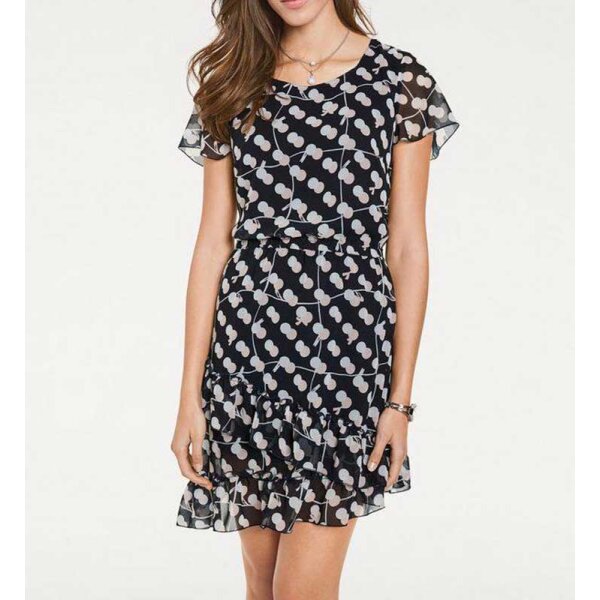 Designer-Druckkleid, schwarz-creme