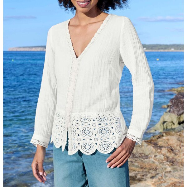 Bluse mit Schößchen und Spitze, ecru
