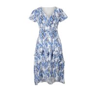 Designer-Seidenkleid m. Volants, weiß-blau