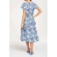 Designer-Seidenkleid m. Volants, weiß-blau