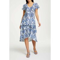 Designer-Seidenkleid m. Volants, weiß-blau