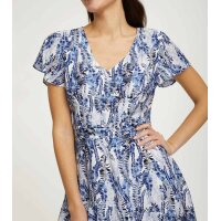 Designer-Seidenkleid m. Volants, weiß-blau