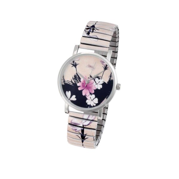 Armbanduhr m. Blüten-Dessin, rosè