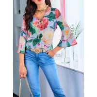 Designer-Druckbluse m.3/4-Volantärmeln, hellblau-hummer