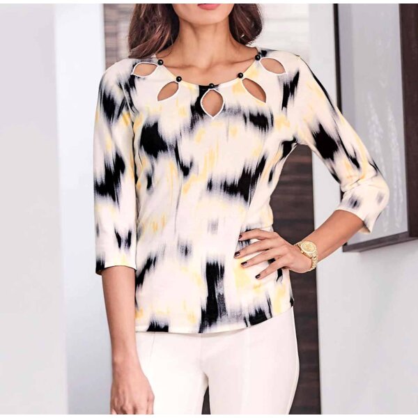 Designer-Pullover m. Cut-Outs, ecru-zitrone