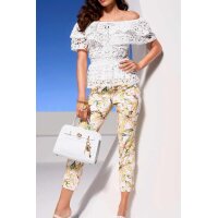 Designer-Druck-Stretchhose, ecru-zitrone