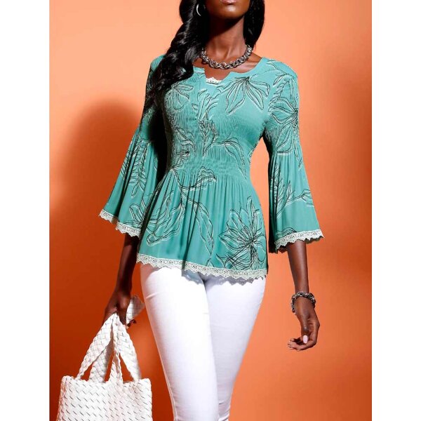 Druckbluse m. Spitze, salbei-bedruckt
